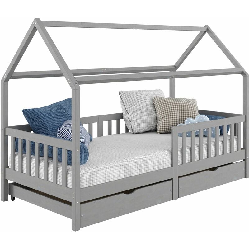 Lit cabane nuna lit enfant simple montessori en bois 90 x 190 cm, avec rangement 2 tiroirs, en pin massif lasuré gris - Gris