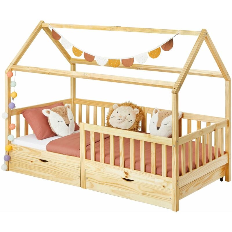 Lit cabane nuna lit enfant simple montessori en bois 90 x 200 cm, avec rangement 2 tiroirs, en pin massif à la finition naturelle - Naturel