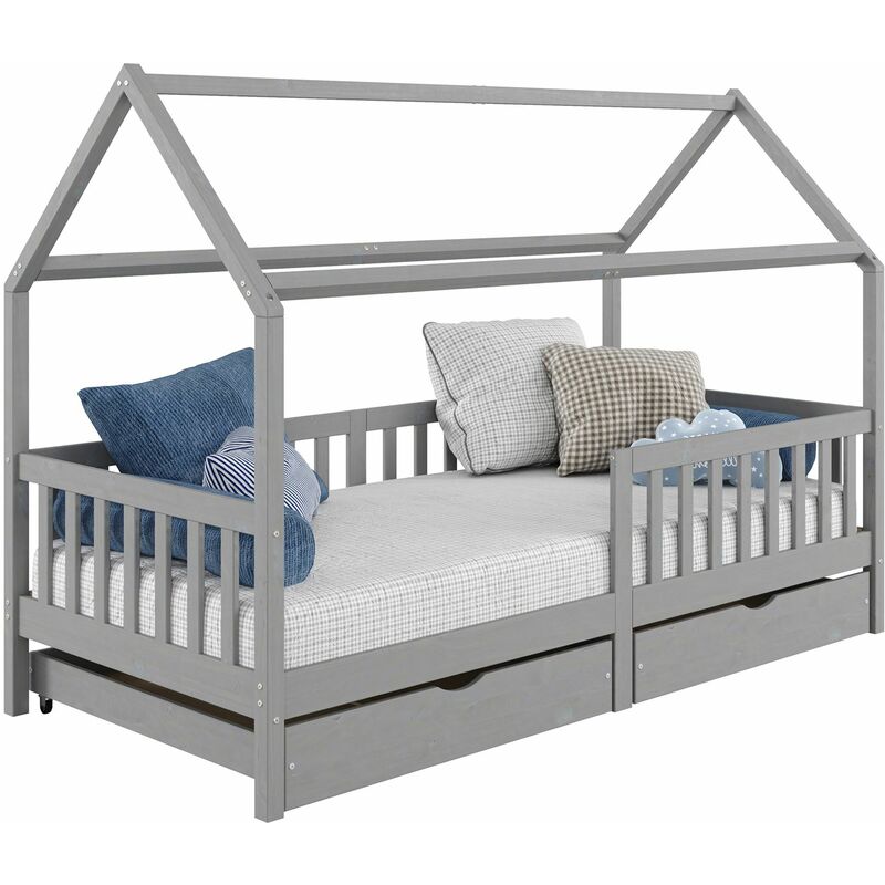 Lit cabane nuna lit enfant simple montessori en bois 90 x 200 cm, avec rangement 2 tiroirs, en pin massif lasuré gris - Gris