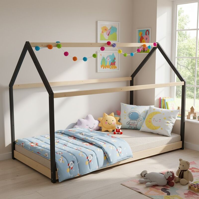 Lit cabane PANDA 90x190 + 1 sommier / Naturel et Noir/ 195x134x97 cm