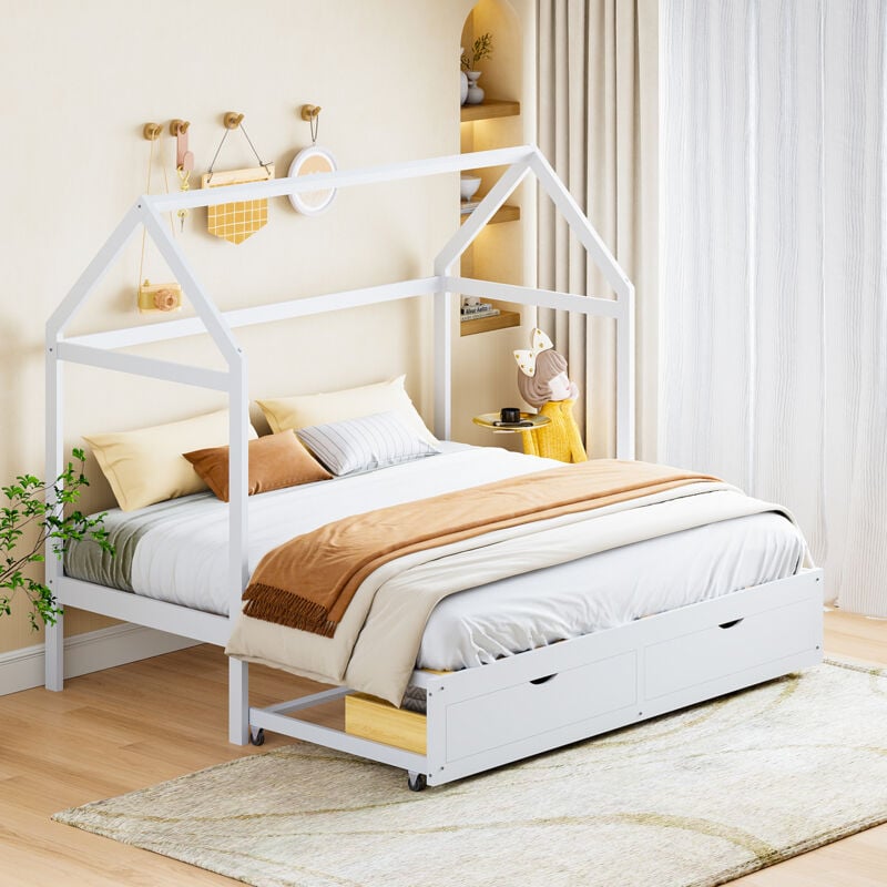 lit cabane pour enfant 90/180x190cm canapé convertible avec lit gigogne en forme de maison lit escamotable fonctionnel avec tiroirs lit double pour