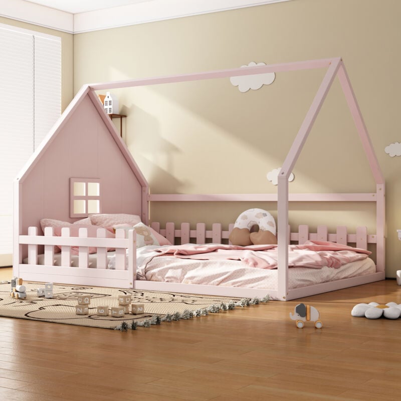 Modernluxe - Lit cabane pour enfant 140x200 cm - en forme de maison - en bois de pin et mdf - Rose