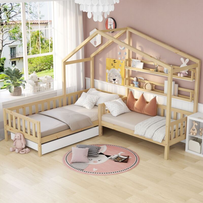 Okwish - Lit cabane, lit enfant 90x200 cm+140x70cm lit double avec tiroirs et étagères, cadre en l, en pin, couleur naturel, sans matelas