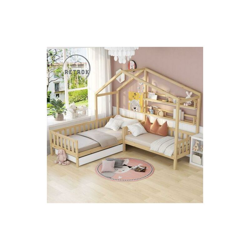 Retrok - Lit cabane enfant avec rangements - Bois massif - Naturel - Structure en l (90x200cm+70x140cm)