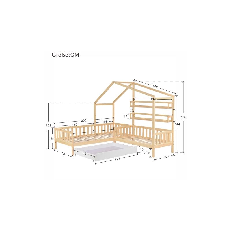 90x200cm+140x70cm Lit cabane pour enfant avec tiroirs et étagères bois massif avec clôture et sommier à lattes structure en L naturel