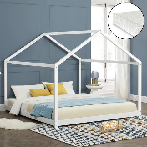 Lit cabane pour enfant Cerro avec sommier à lattes matelas 200 x 160 cm pin blanc mat laqué [en.casa]