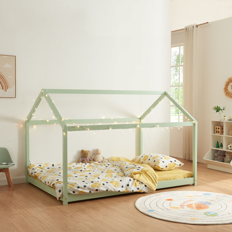[en.casa] - Lit cabane pour enfant Cerro bois de pin contreplaqué 140 x 200 cm vert menthe
