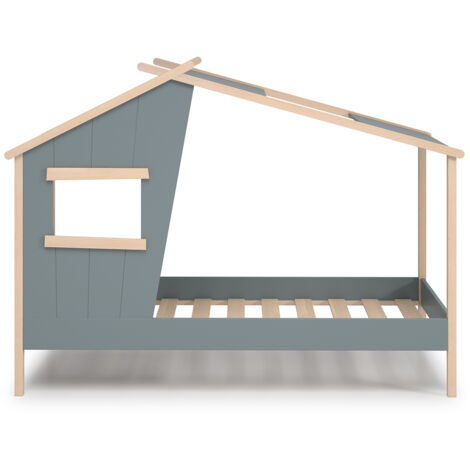 Lit cabane pour enfant coloris Vert Kaki, blanc ciré , couchage 90 x 190 cm - Longueur 215 x Profondeur 103 x Hauteur 158 cm
