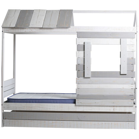 Lit cabane pour enfant en bois coloris blanc, gris - couchage 90 x 190 cm - Longueur 200 x Profondeur 102 x Hauteur 181 cm