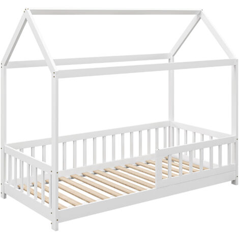 Lit cabane pour enfant en pin avec lattes et barrières, dimensions 96x195x165 cm, couleur blanc