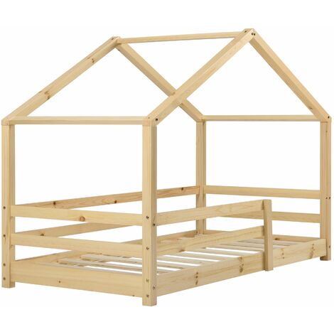 Lit cabane pour enfant forme de maison avec barrière de sécurité en bois de pin couleur naturel 70 x 140 cm - or
