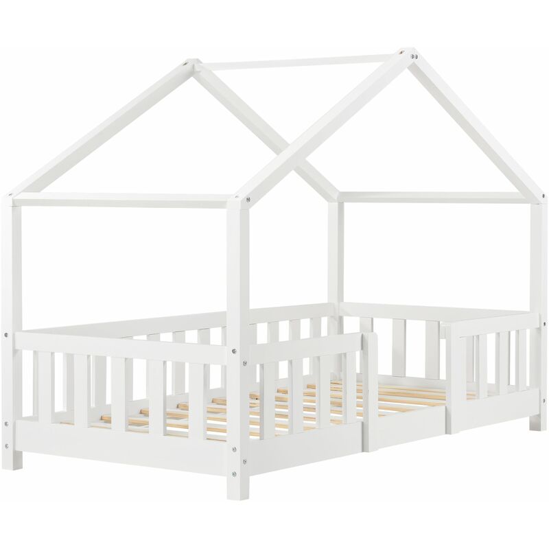 lit cabane pour enfant forme de maison avec barrière de sécurité en bois de pin blanc 70 x 140 cm