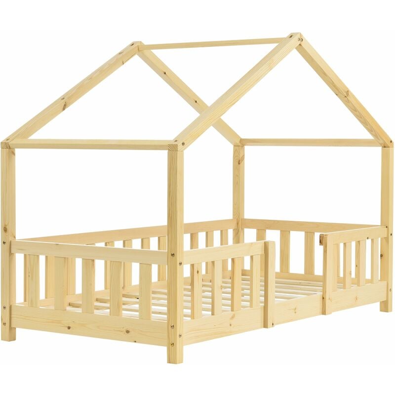lit cabane pour enfant forme de maison avec barrière de sécurité en bois de pin couleur naturel 70 x 140 cm
