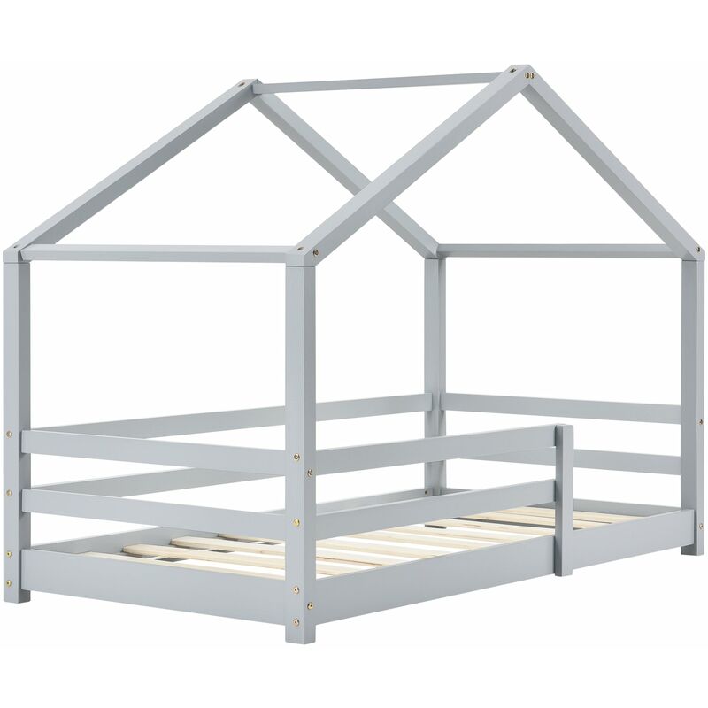lit cabane pour enfant forme de maison avec barrière de sécurité en bois de pin gris 70 x 140 cm
