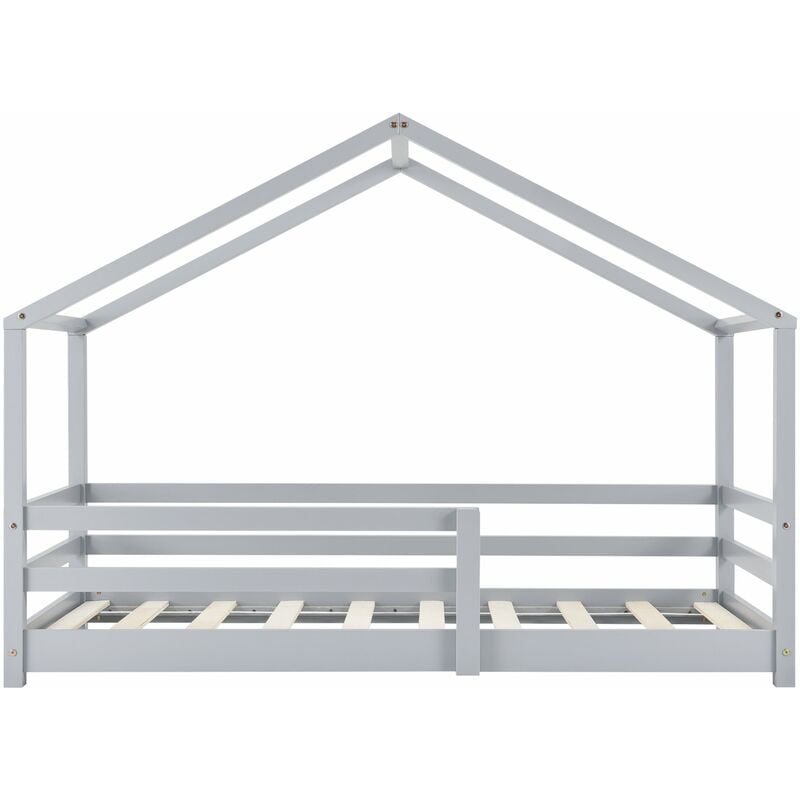 lit cabane pour enfant forme de maison avec barrière de sécurité en bois de pin gris 90 x 200 cm