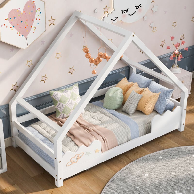 Redom - Lit cabane pour enfants 90x200cm avec protection antichute lit de jeu lit pour jeunes en bois massif blanc[OLD SKU:WF531910AAW]