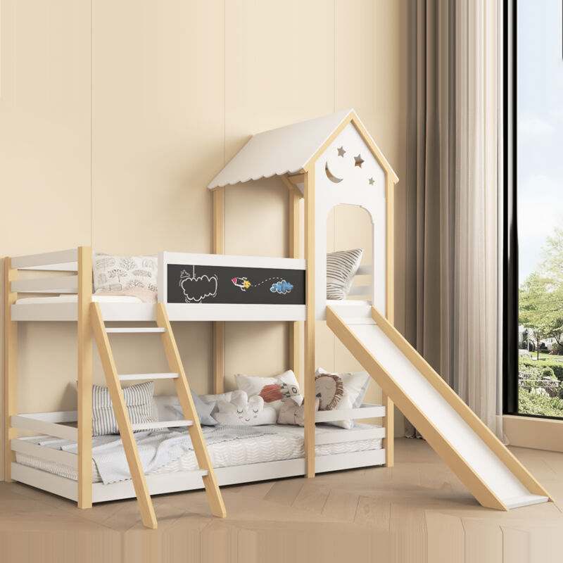 Lit superposé enfant 90 x 200,lit superposé avec escalier,lit cabane toboggan,lit mezzanine 2 place,cadre de lit en bois massif,avec ableau noir,