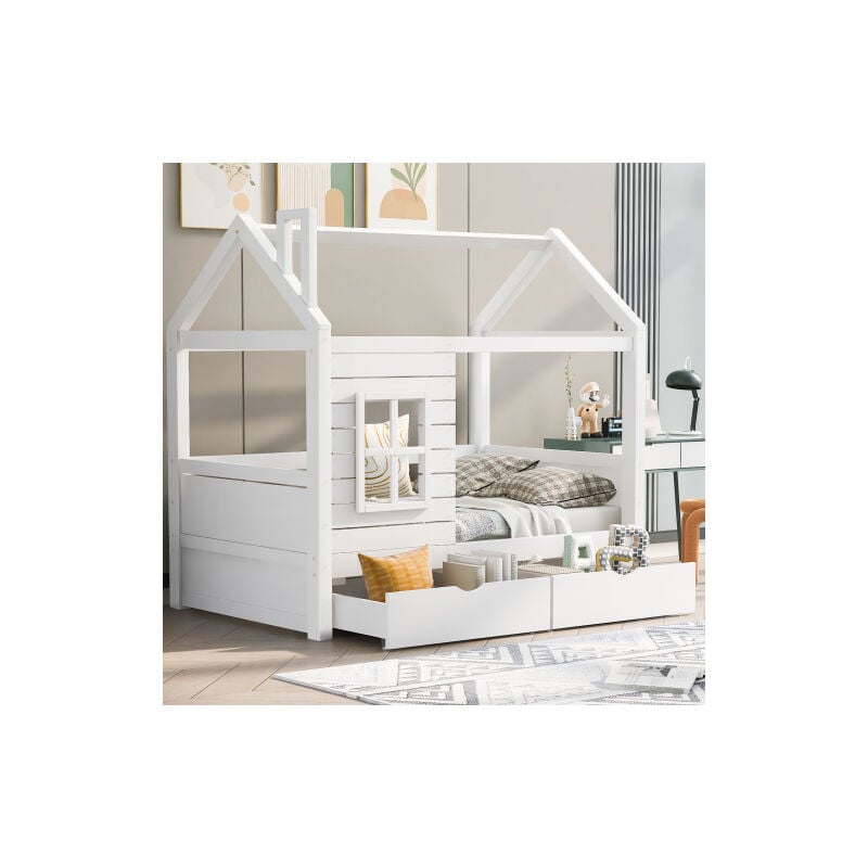 Lit cabane 80x160 cm lit enfants avec fênetre de protection antichute et 2 grands tiroirs, en bois massif, blanc, sans matelas