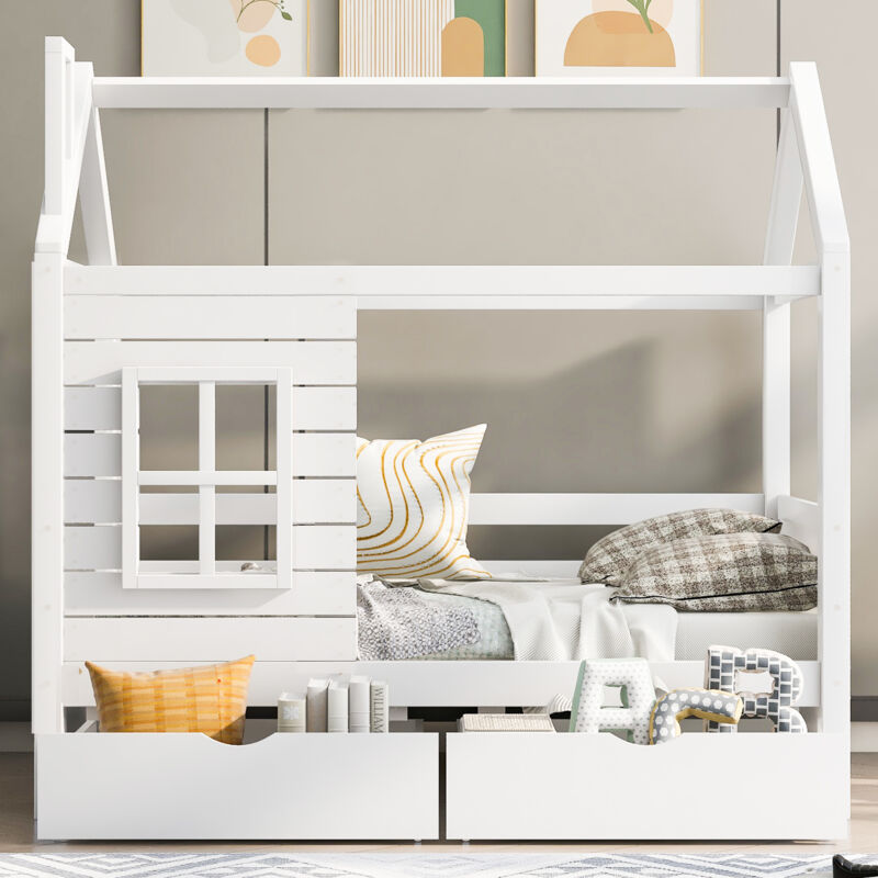 Redom - Lit cabane enfants, avec protection antichute, sommier à lattes, 80x160cm, en bois, blanc