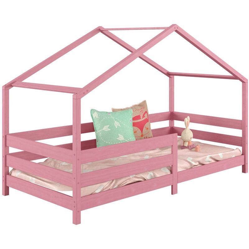 Lit cabane RENA lit simple montessori pour enfant 90 x 190 cm, avec barrières de protection, en pin massif lasuré rose - Rose