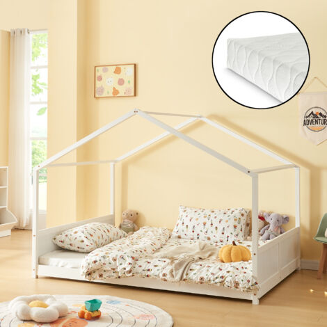 Lit cabane Simo avec matelas à mousse froid bois de pin 120 x 200 cm blanc [en.casa]