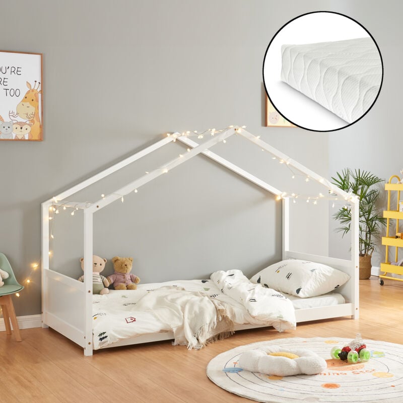 [en.casa] - Lit cabane Simo avec matelas à mousse froid bois de pin 90 x 200 cm blanc