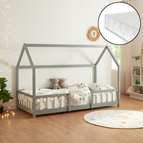 Lit cabane Sisimiut avec matelas 90 x 200 cm gris clair / blanc [en.casa]