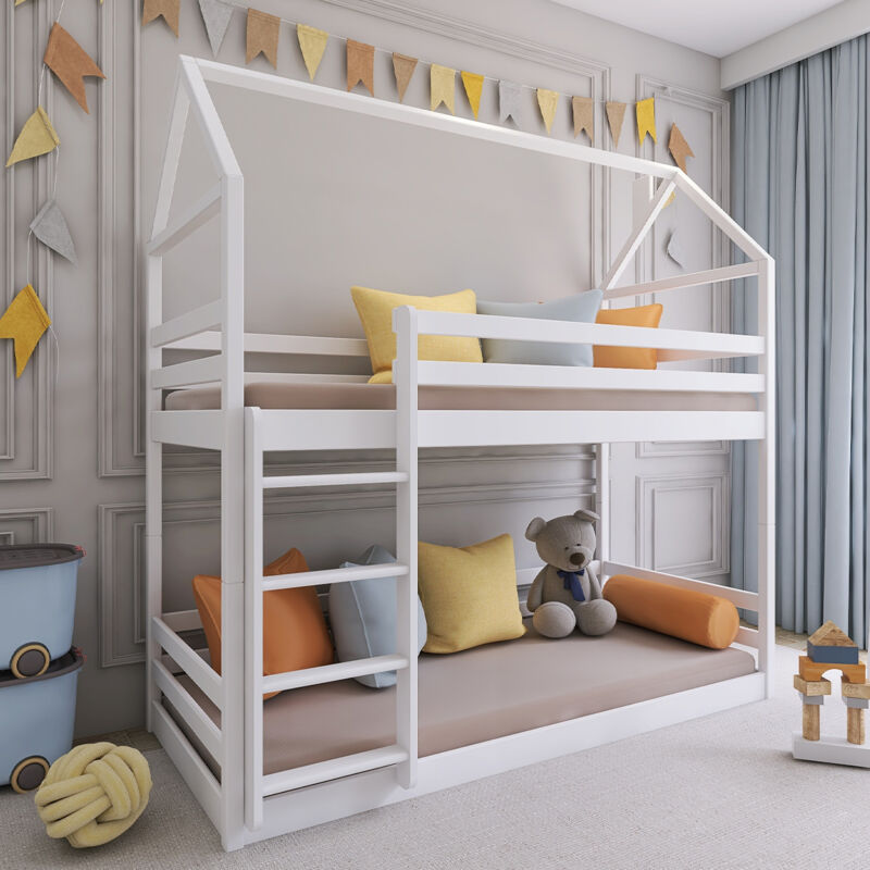 Petits-meubles - Lit cabane superposé 90x190 au sol sommiers inclus Louis Blanc