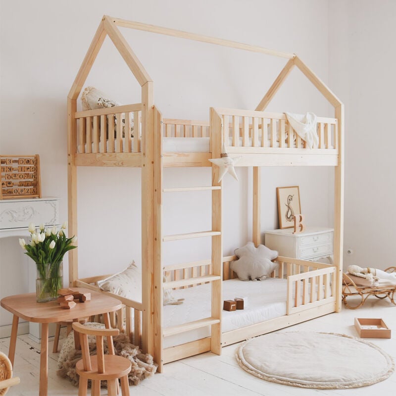 Petits-meubles - Lit cabane superposé 90x190 barrière et sommier inclus pieds 1 cm Daisy Bois