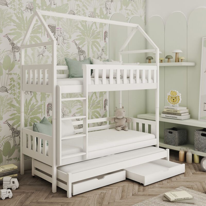 Petits-meubles - Lit cabane superposé 90x190 sommiers lit gigogne et tiroirs Jeremy Blanc