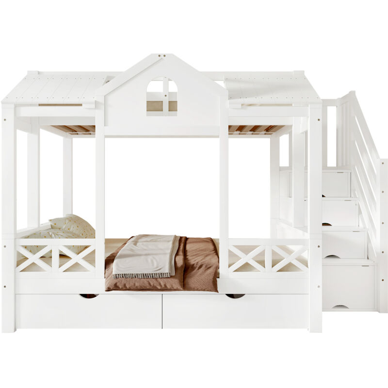 Lit cabane superposé enfant 90x200 + 140x200 cm avec dressing 4 niches, double tiroirs à roulettes - pin massif et MDF - Blanc