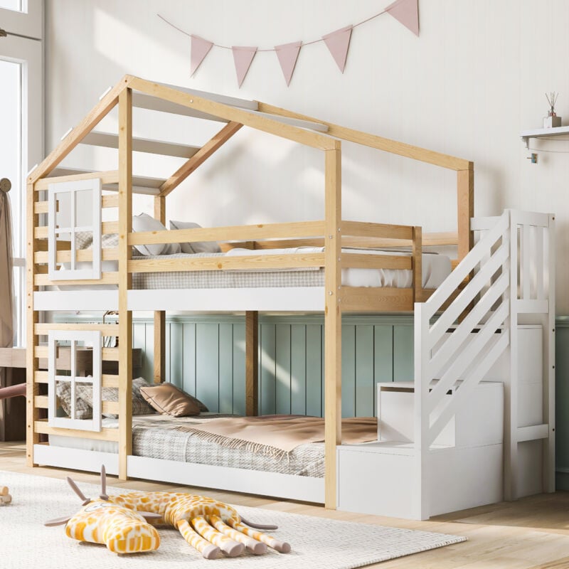 Lit cabane Lit superposé enfant 90x200 cm avec escalier de rangement, fenêtre et sommiers à lattes, sans matelas, naturel et blanc