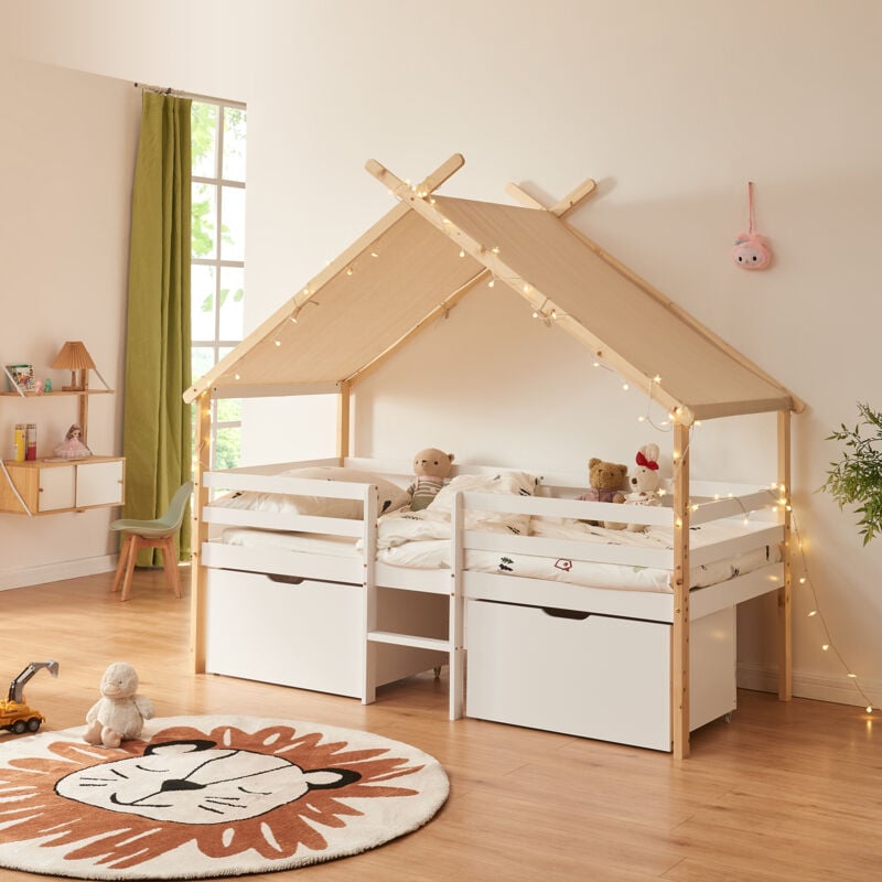[en.casa] - Lit cabane Surnadal bois de pin 90 x 200 cm blanc naturel beige