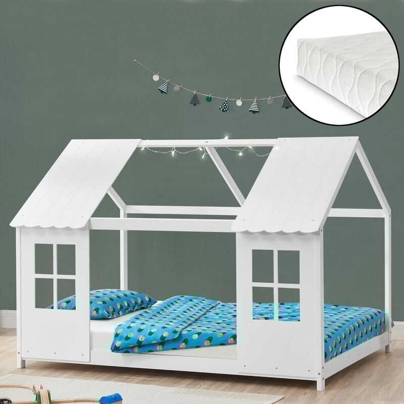 [en.casa] - Lit cabane Tostedt pour enfant 140 x 200 cm avec matelas sommier à lattes bois de pin blanc