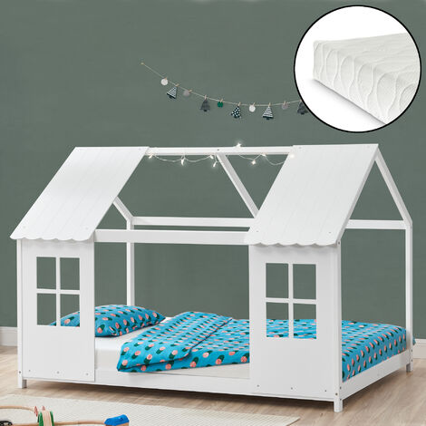 Lit cabane Tostedt pour enfant 140 x 200 cm avec matelas sommier à lattes bois de pin blanc [en.casa]