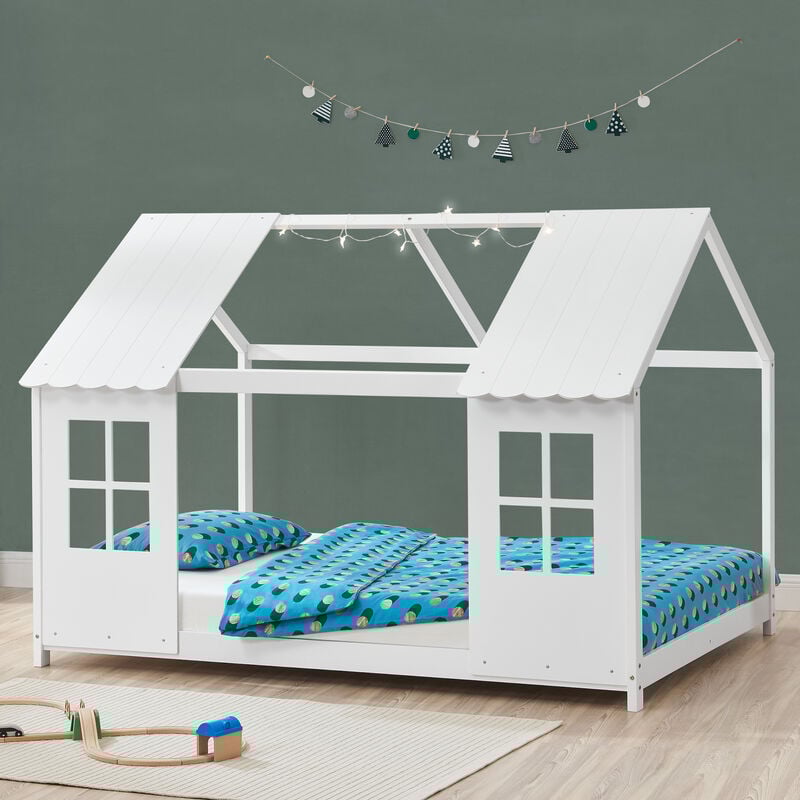 [en.casa] - Lit cabane Tostedt pour enfant forme maison bois de pin 140 x 200 cm blanc