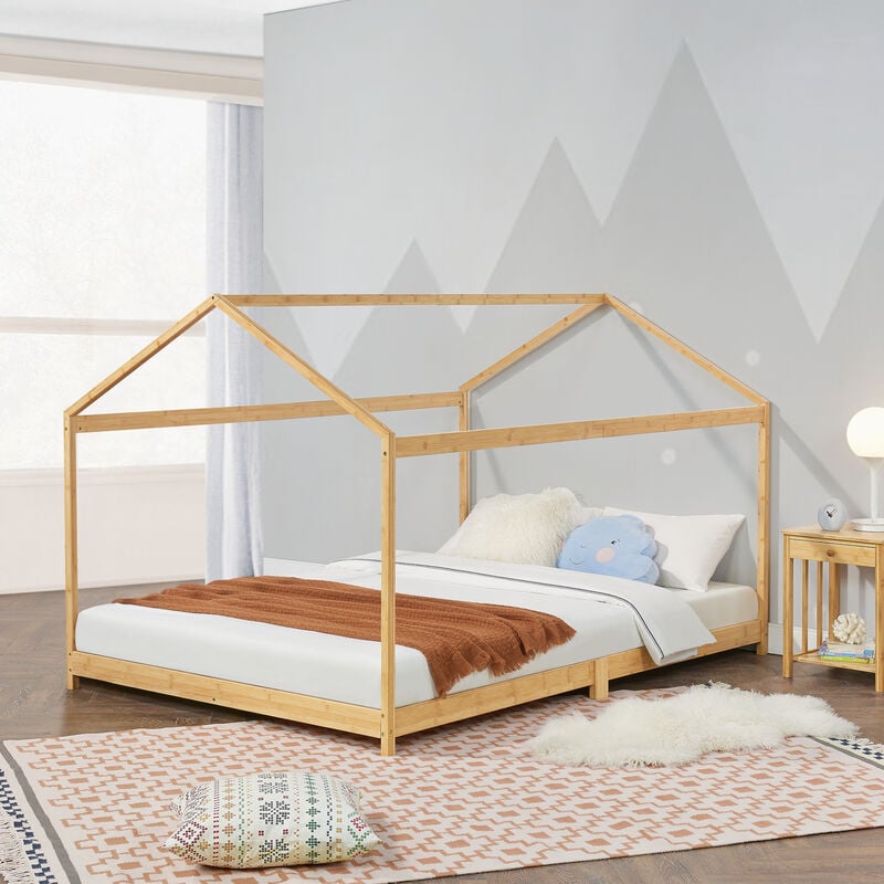 [en.casa] - Lit cabane Vindafjord pour enfant 120 x 200 cm forme maison bambou naturel