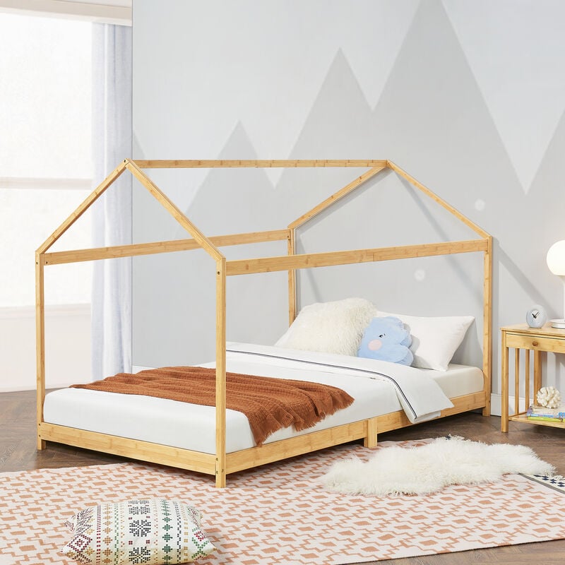 [en.casa] - Lit cabane Vindafjord pour enfant 90 x 200 cm forme maison bambou naturel