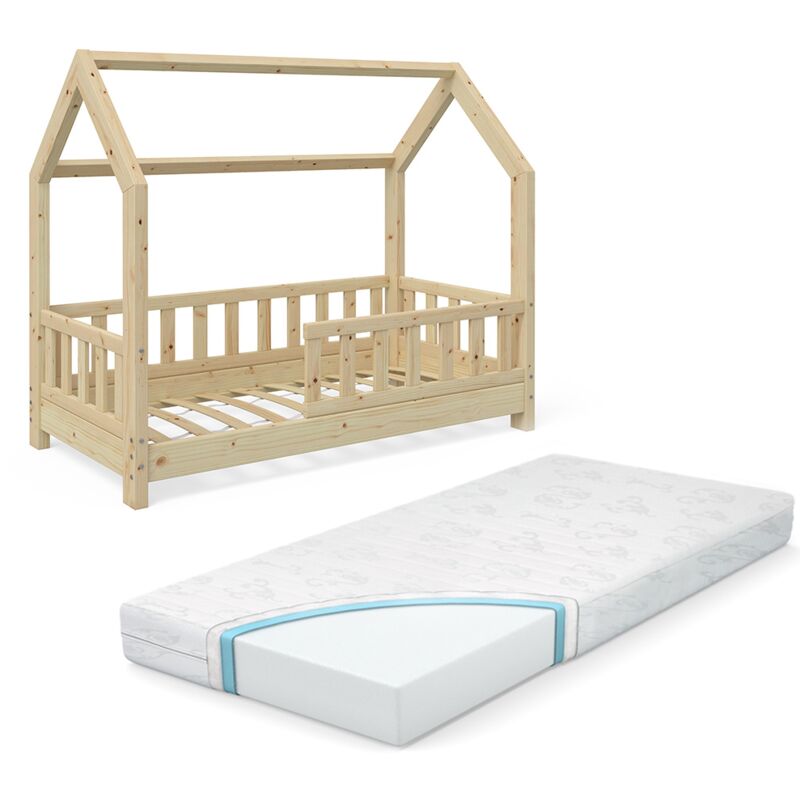 Lit cabane Wiki, Marron, 70x140 cm avec matelas Vitalispa