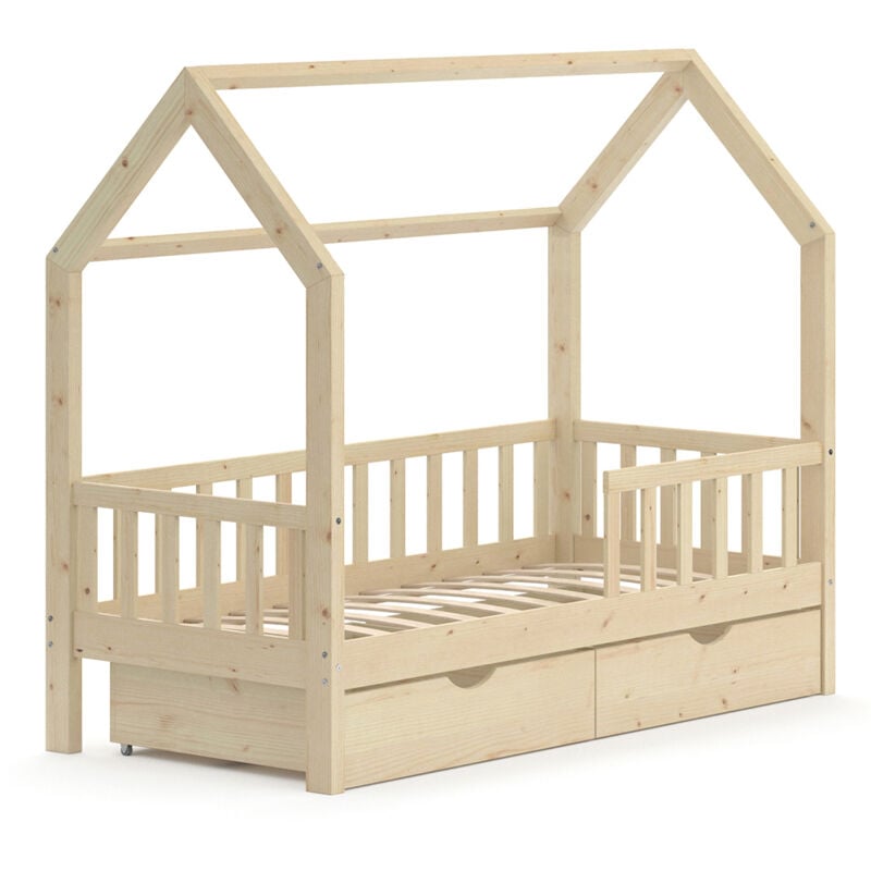 Lit cabane Wiki, Naturel bois, 80x160 cm avec 2 tiroirs Vitalispa
