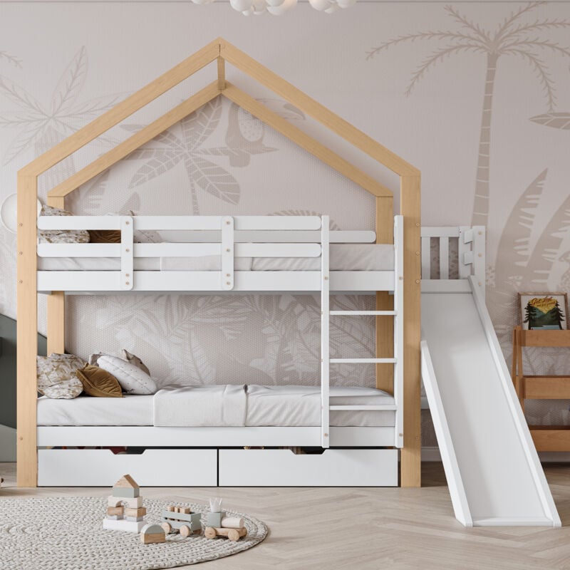 Lit cabaneLit superposé avec toboggan et échelle inclinée à trois niveaux, lit cabane avec protection antichute et 2 tiroirs, cadre de lit en bois