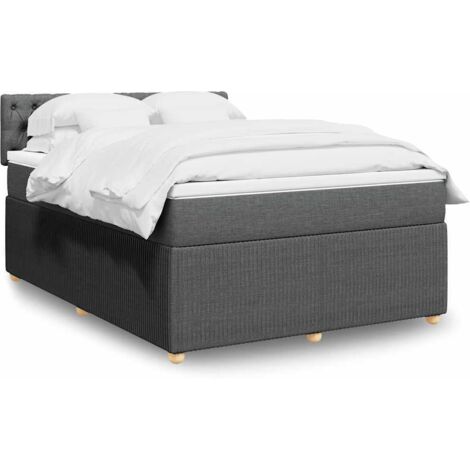 Lit Cadre Sommier à Lattes 140x190cm avec Matelas en Tissu Gris Foncé  2 Têtes de Lit, Surmatelas Inclus  Pack Complet Literie, Élégant et Confortable