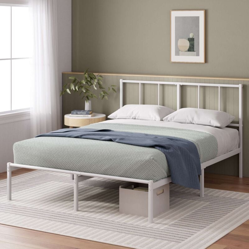 Zinus - Lit Camille 2 personnes - Lit 140x190 cm - Cadre de lit en métal avec tête de lit - Hauteur 30cm - Lit avec support de lattes en métal - Blanc