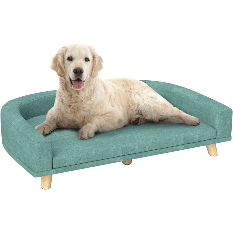 Canapé chien lit pour chien design scandinave coussin déhoussable dim 98L x 67l x 25H cm pieds bois tissu polyester vert