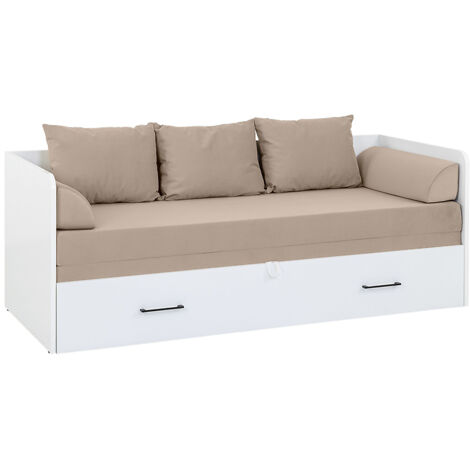 Lit, canapé convertible 80-160x200 cm coloris Blanc Brillant avec coffre de rangement, matelas et 3 oreillers beiges - Longueur 200,5 x Profondeur 79/154 x Hauteur 73 cm