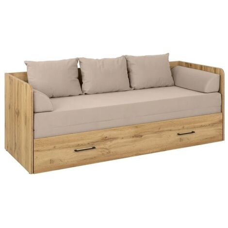 Lit canapé convertible 80-160x200 cm coloris Chêne sonoma avec coffre de rangement, matelas et 3 oreillers Beige - Longueur 200,5 x Profondeur 79/154 x Hauteur 73 cm