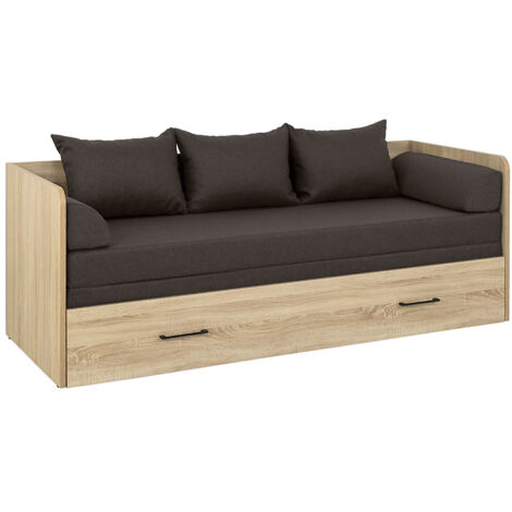 Lit canapé convertible 80-160x200 cm coloris Chêne sonoma avec coffre de rangement, matelas et 3 oreillers gris anthracite - Longueur 200,5 x Profondeur 79/154 x Hauteur 73 cm