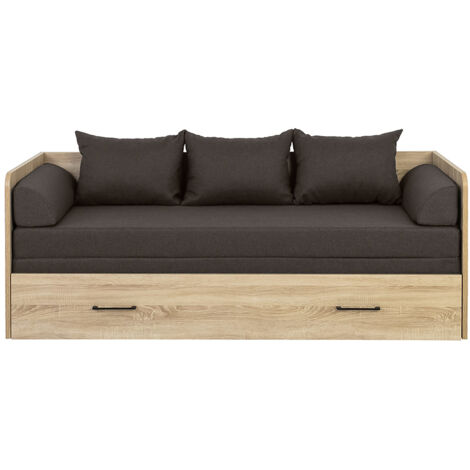 Lit canapé convertible 80-160x200 cm coloris Chêne sonoma avec coffre de rangement, matelas et 3 oreillers noir - Longueur 200,5 x Profondeur 79/154 x Hauteur 73 cm