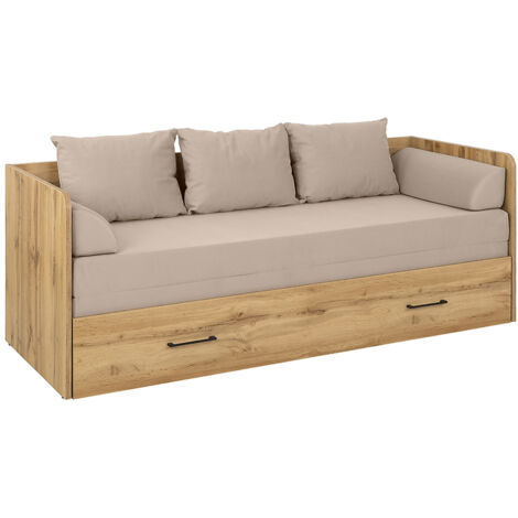 Lit canapé convertible 80-160x200 cm coloris Chêne wotan avec coffre de rangement, matelas et 3 oreillers Beige - Longueur 200,5 x Profondeur 79/154 x Hauteur 73 cm