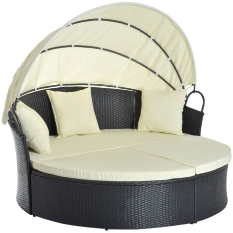 Lit canapé de jardin modulable pare-soleil pliable 4 coussins 3 oreillers résine tressée tissu noir beige